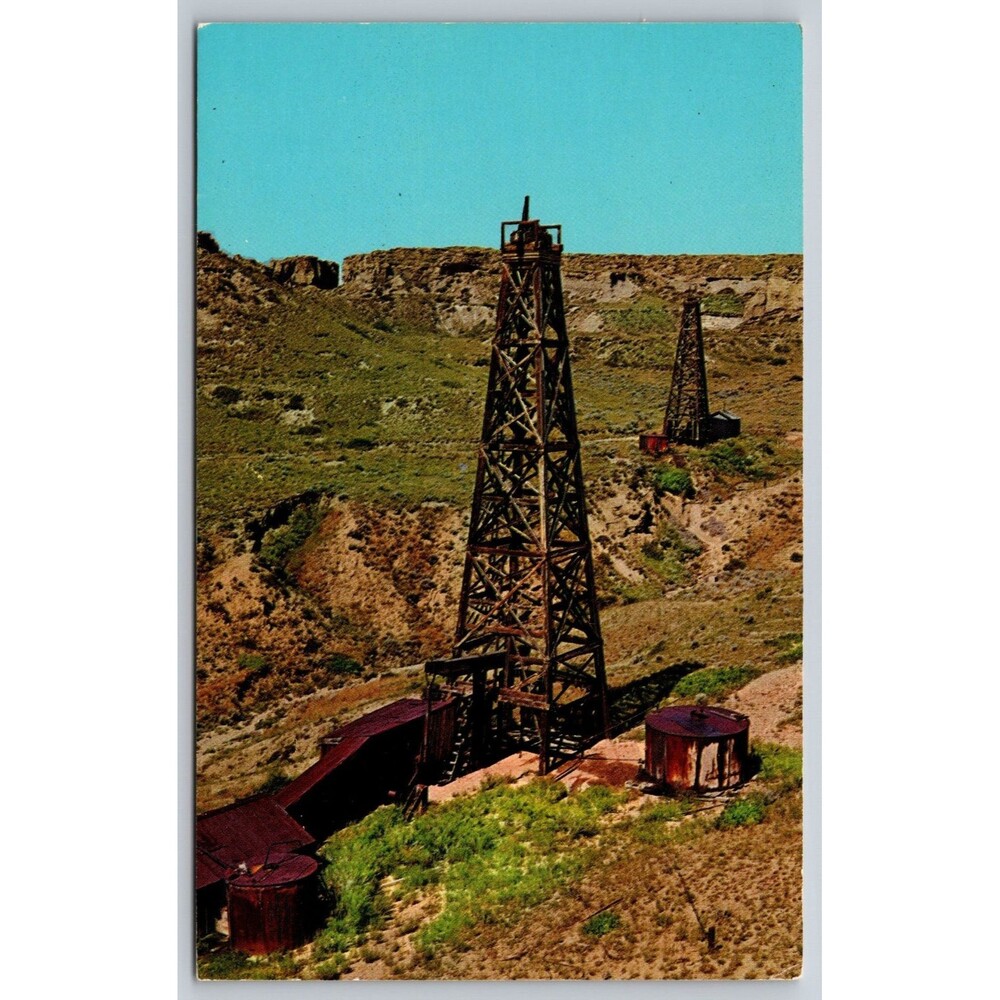 Vtg Postcard Salt creek Oil Field Wyoming Wooden Derricks & Motor House Casper